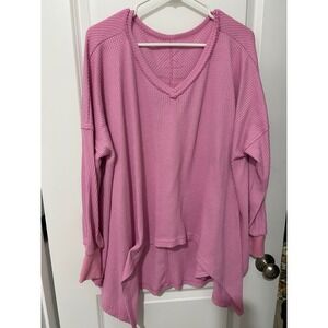 Pink Waffle Knit V Neck High Low Long Sleeve Top Women's Casual‎ Comfort